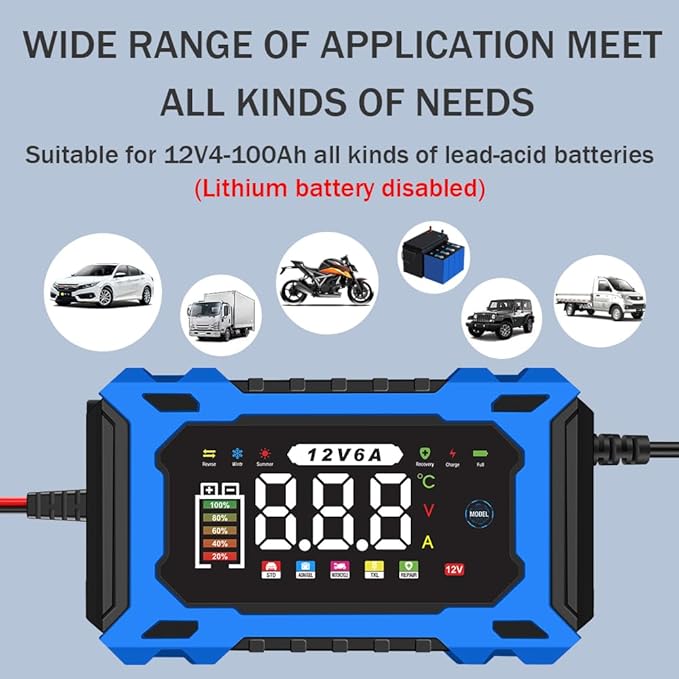 6-Amp 12V Smart Car Battery Charger, Battery Maintainer Trickle Charger with Desulfator, Pulse Repair & Overcharge Protection - for Car Lawn Mower Marine Lead-Acid Batteries (Blue)