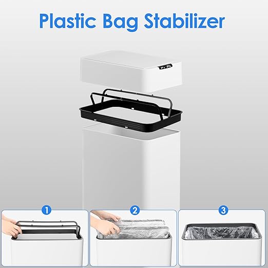 TLSUNNY 18.5 Gallon Automatic Trash Can, Stainless Steel Motion Sensor Garbage bin, Smart Trash Can W/Butterfly Lid, Bag Retainer Ring and Display Light for Living Room,Kitchen,Office (White, 70L)
