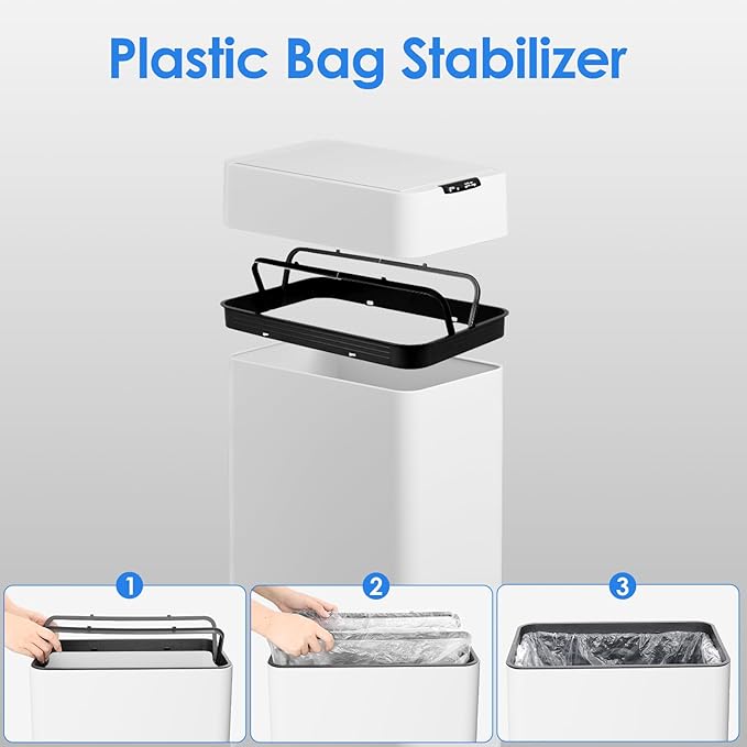 TLSUNNY 21.1 Gallon Automatic Trash Can, Stainless Steel Motion Sensor Garbage bin, Smart Trash Can W/Butterfly Lid, Bag Retainer Ring and Display Light for Living Room,Kitchen,Office (White, 80L)