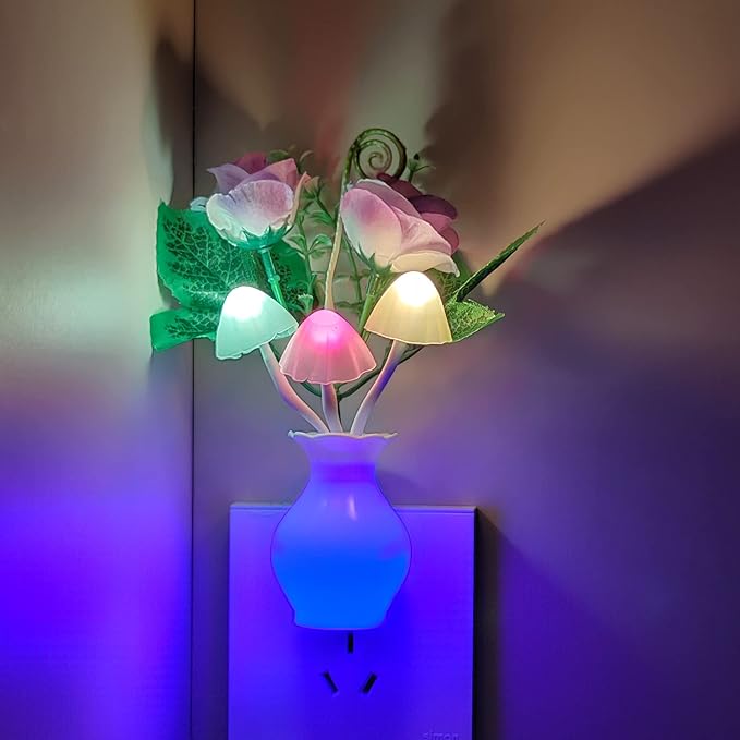 AUSAYE Color-Changing LED Night Light, 1Pack Plug in Dusk-to-Dawn,Home Décor Lamp Dream Nightlight Purple Rose Flower Mushroom Night Light for Kids Adults Bedroom,Bathroom,Stairs, Kitchen,Hallway