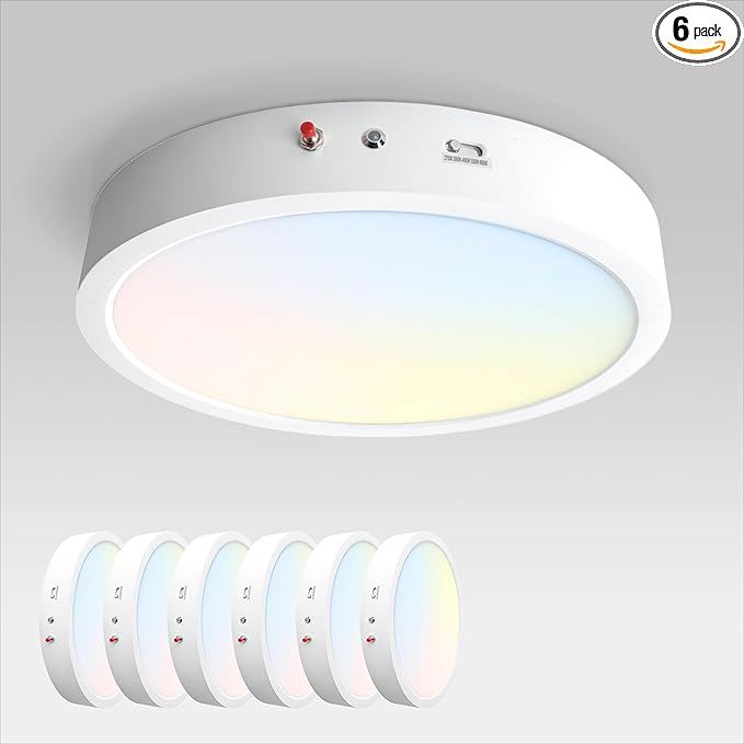 ASD LED 12" Round Flush Mount Ceiling Light Fixture, Low Profile Surface Lighting | 5CCT, Dimmable, Battery Backup, ETL Listed | 24W 2100LM 2700-6000K 120V | Kitchen, Hallway Lamp | White, 6 Pack