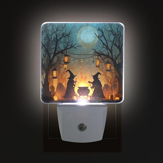Pigsaly Led Night Light Halloween Witches Cauldron Tombstones Bare Trees Night Light Plug in Wall Lamp Smart Dusk to Dawn Sensor Nightlight Led Lamp Energy Saving Lights Gift for Kids Room Bedroom Ba