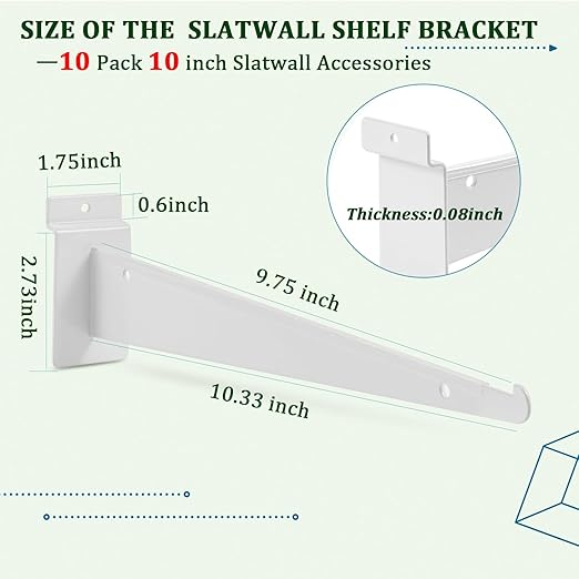 AYAYGD 10 Inch Slat Wall Knife Shelf Bracket, 10 Pack Heavy Duty Slatwall Bracket for Shelves, White Slatwall Accessories with Lip for Slat Wall Panels Shelving Display Home Commercial