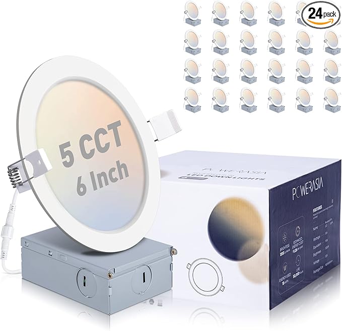 POWERASIA 24 Pack Recessed Lighting 6 Inch with Junction Box, 5CCT 6 Inch LED Recessed Lights Dimmable 2700K-6000K, 15W 1200lm Ultra Thin Recessed Lighting - ETL and Energy Star
