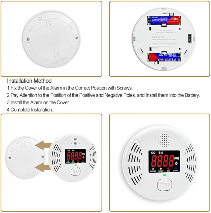 Carbon Monoxide Detector and Smoke Alarm Combined with AA Battery Powered high-Definition Color Screen Detector LCD Digital Display for Home Office Kitchen Hotel Bedroom Voice Alarm 2PACK