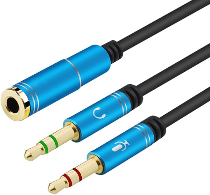 CANFON Headphone Splitter for Computer 3.5mm Female to 2 Dual 3.5mm Male Headphone Mic Audio Y Splitter Cable Smartphone Headset to PC Adapter (35CM, Blue)