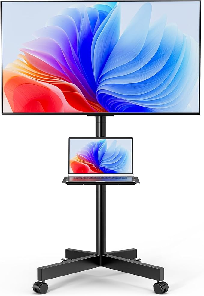 HOLMAXD Mobile TV Stand for 23-65 Inch LCD LED Flat/Curved Panel Screen TVs, Height Adjustable Rolling Floor TV Cart with Tilt Mount and Shelf, Portable Stand Holds up to 110 lbs, Max VESA 400x400mm