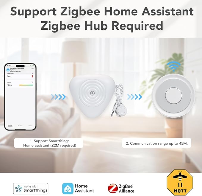 NEO Zigbee Water Sensor, Smart Water Leak Detector for Home, Requires Zigbee Hub, Compatible with SmartThings and Home Assistant (ZHA & Z2M) (2 Pack, Piece, 2)