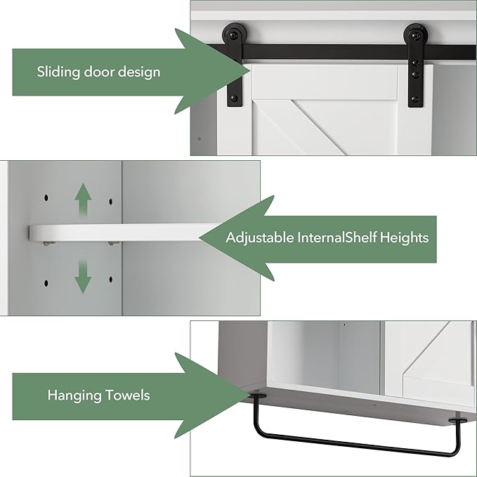 Bathroom Wall Cabinet Over Toilet Sliding Door 23x19 Inch Farmhouse Medicine Cabinet with Towel Bar Motion Sensor Light Adjustable Shelves White Above Toilet Storage for Laundry or Kitchen