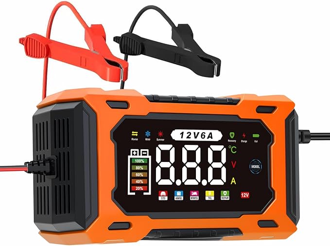 6-Amp 12V Smart Car Battery Charger, Battery Maintainer Trickle Charger with Desulfator, Pulse Repair & Overcharge Protection - for Car Lawn Mower Marine Lead-Acid Batteries (Orange)