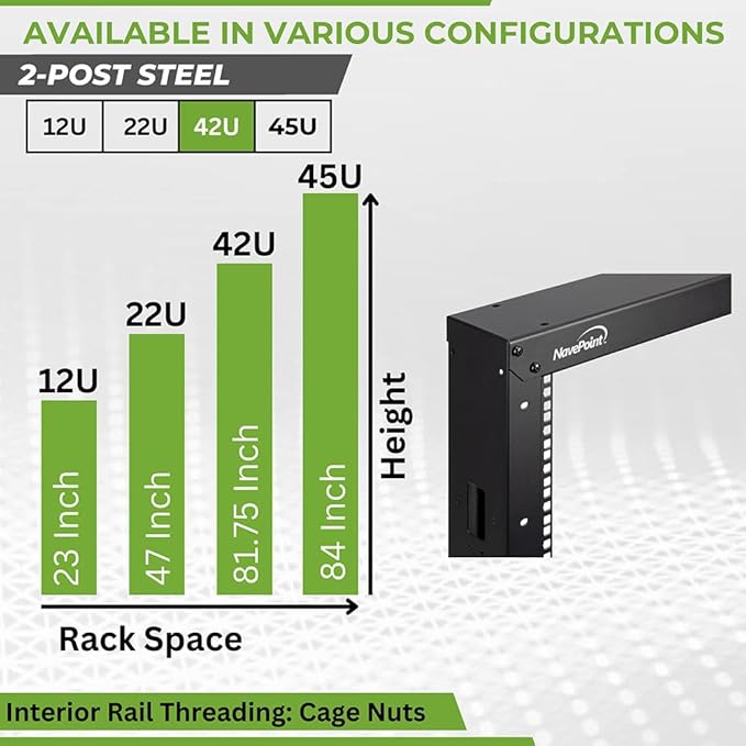 NavePoint 42U 2 Post Open Frame Server Rack with Casters for 19 Inch Equipment, Networking, and IT Devices, 2-Post Rack 330lbs Weight Capacity, Black