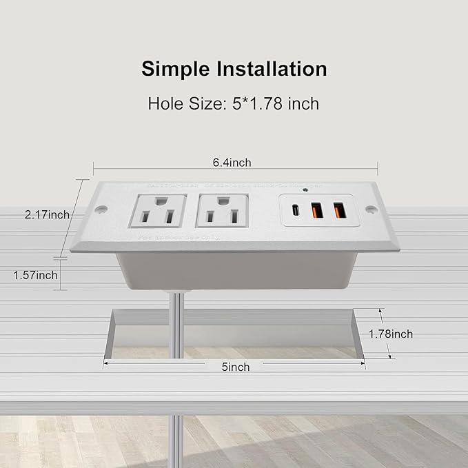 20W Recessed Power Strip USB C Fast Charge Desk Power Outlet Type C Flush Mounted Extension Power Plug for Conference Countertop Desktop Drawer Sofa ETL Listed (White)