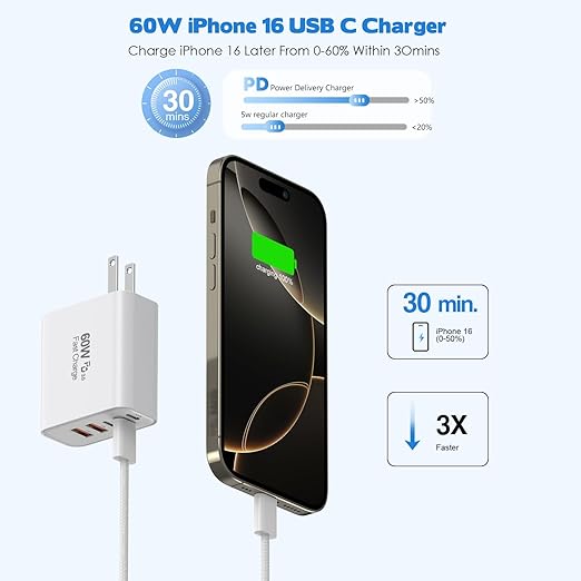 10Foot iPhone 17/16/15 Cord Fast Charging,2Pack Super Quick 60W i Phone USBC Charging Block 5-Port Phone Plug Long 10FT Type C Woven Cable for i Phone17/17 Air,iPhone 16e/16/15/15Pro,iPad Pro/Air/Mini