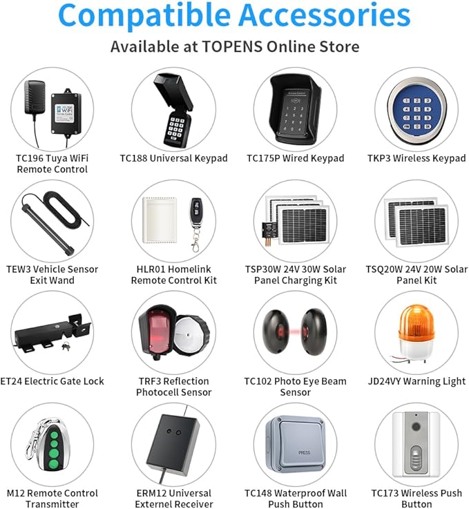 TOPENS A8S Automatic Solar Gate Opener for Heavy Duty Single Swing Gate Up to 18ft, Single Swing Gate Operator Battery Powered with Remote Control Kit Gate Motor Solar Panel Included