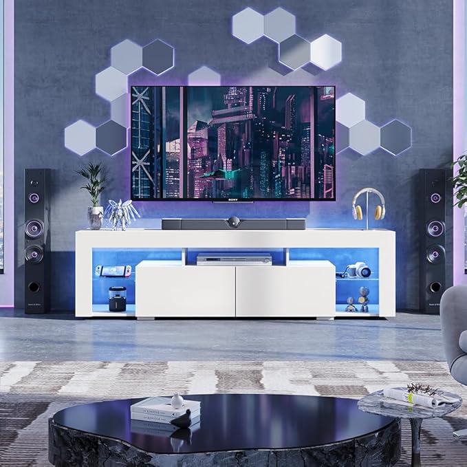 WLIVE TV Stand for 65 to 70 Inch TV, Modern Entertainment Center with LED Lights & 2 Large Storage Drawers, Wood TV Console for Living Room, Bedroom(White)