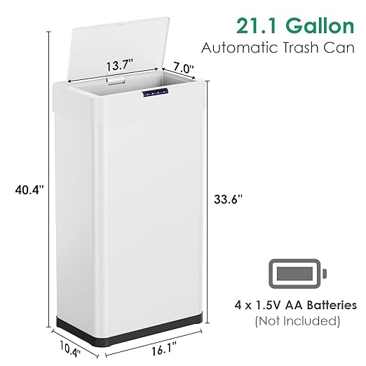 Arlopu Automatic Trash Can,Sensor Motion Stainless Steel Garbage Bin, Touchless Smart Waste Bin, W/Stay-Open, Soft Close Lid, Display Light for Kithchen, Living Room, Office (White, 21.1gal)