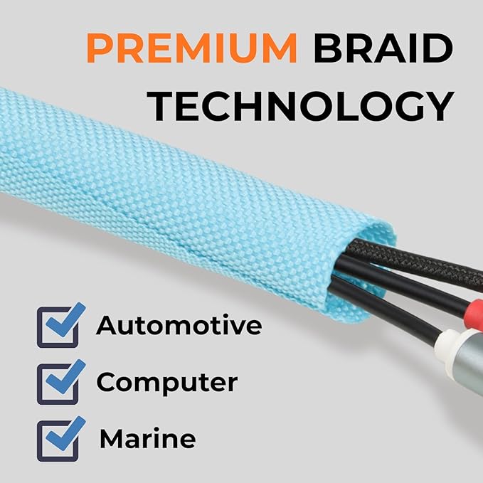 Holed 3/8 inch Split Braided Cable Management Sleeve for USB Cable Power Cord Audio Video Cable, High-Temperature Automotive Harness Wire Loom Cord Protector from Cat Dog Chewing (Blue, 10FT)