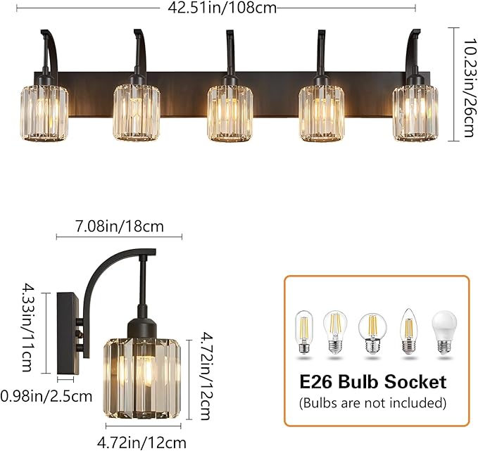 FDPBY 5-Light Crystal Vanity Light, Modern Black Bathroom Wall Sconce with K9 Crystal Shades, 42.51" Long Over Mirror Lighting for Vanity, Makeup, Hallway, Elegant & Easy Installation