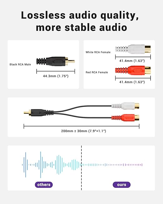 VCELINK RCA Splitter 1 Male to 2 Female Stereo Audio Cable, Gold Plated Dual RCA Female Adapter for Subwoofer, Car Radio, Amplifier, TV, Digital Audio, 2 Pack/0.66FT