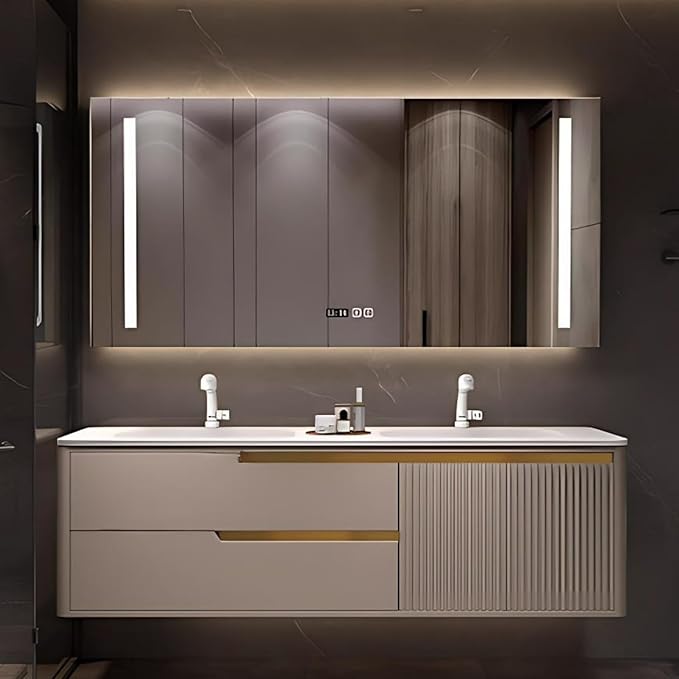 Bathroom Vanity with Double Sink - Smart Defogging Mirror & LED Lights on Both Sides, Floating Bath Sink Cabinet | 2 Drawers, Wave Shaped Panel (Khaki, 68IN)