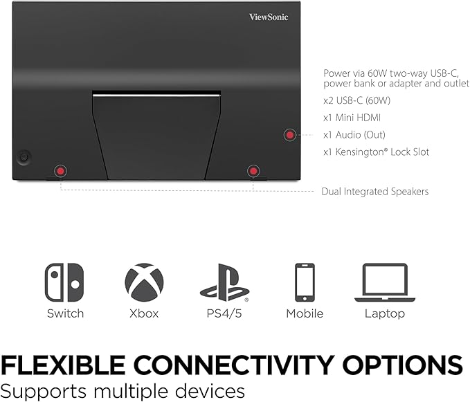 ViewSonic VX1754 17 Inch 1080p IPS Portable Gaming Monitor with 144Hz, AMD FreeSync, 2 Way Powered 60W USB C, Mini HDMI, and Built-in Stand with Protective Cover