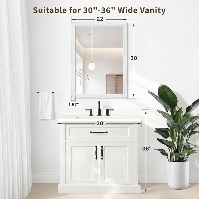White Wood Effect Framed Wall Mirror, 22x30 Rectangle Mirror, 1/8" Anti-desilvering Tempered Glass, Sustainable& Sturdy Frame, Anti-Rust, HD Reflection &3min Fast Setup for Bathroom Living Room