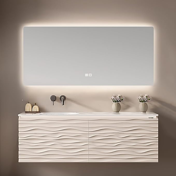48IN Bathroom Vanity - Smart Defogging Mirror Cabinet | Waterproofing Technology & Wave Shaped Door Panel, Floating Bathroom Vanities with Large Storage Space (Mirror)