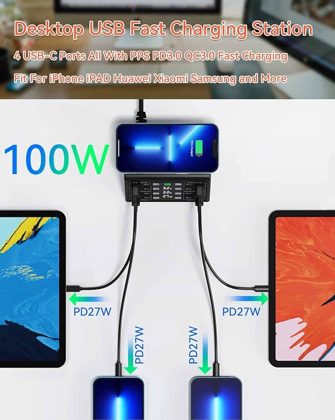 USB Charger, ASOMETECH 100W 8 Port Multiple USB Charging Station with 4 Quick Charge 3.0, 4 USB C PD Port, Wireless Charger, LCD Display Fast Charging Hub for iPhone 13 12 iPad Samsung and More