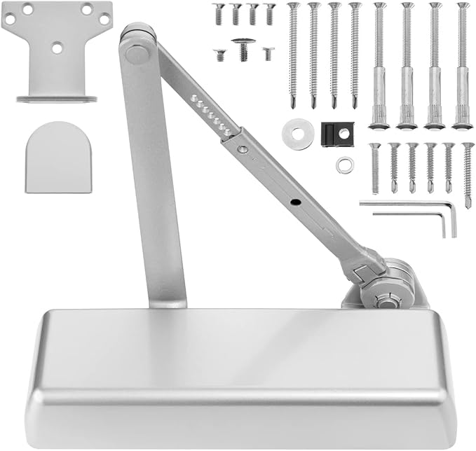 Dynasty Hardware Door Closer, Grade 1 Heavy Duty Commercial Hydraulic Closer & Hold Open Arm, Self-Closing, Adjustable Spring Size 1-6, ADA Compliant, Surface Mount, Sprayed Aluminum, Series 4401
