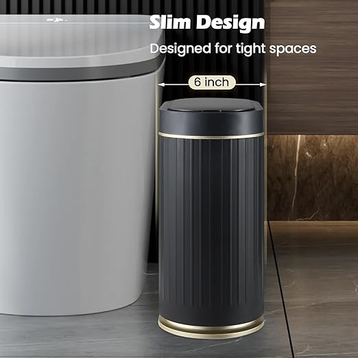 Bathroom Sensor Trash Can with Lid Automatic 2 Gallon Small Sensor Garbage Bin, 7.5 Liter Motion Sensor Smart Rubbish Bin Bathroom Decor, Slim Waterproof Plastic Garbage Can, Black Gold