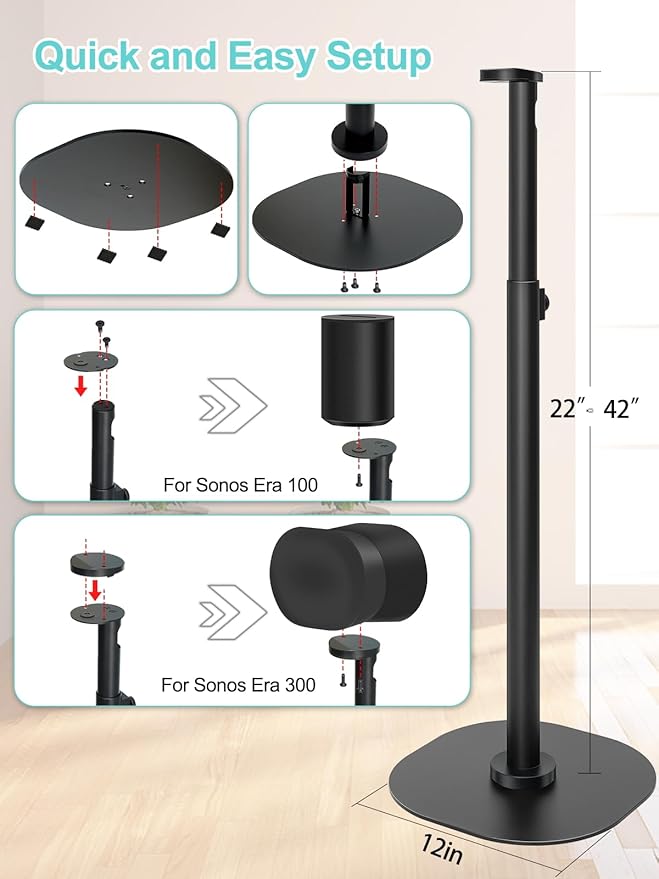 Haturi Speaker Stands Pair for Sonos ERA 100 & 300 Adjustable 22”–42” Floor Stands with Cable Management Heavy Duty Metal Construction Non Slip Base for Living Room Bedroom Office