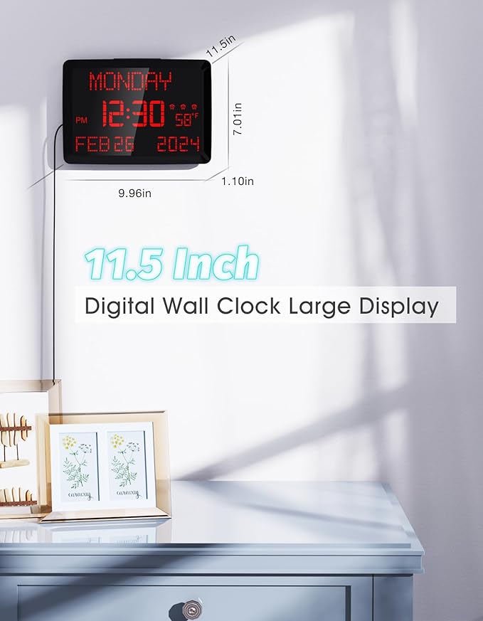 Digital Clock Large Display 11.5", Calendar Clock with Date,Time,Day of Week,Temperature,2 USB Chargers,3 Alarms,5Dimmer& 12/24H,Wall clock/Desk clock for Seniors,Dementia,Memory Loss,Impaired Vision