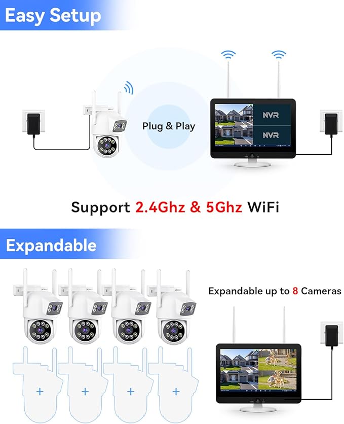 VORGUT Security Camera System Wireless Outdoor with 12" Monitor, 4pcs 2K Dual Lens Cameras for Home & Business Surveillance, 360° PTZ, 2.4G/5G WiFi, Human Detection, Auto Tracking, 16CH NVR, 500G HDD