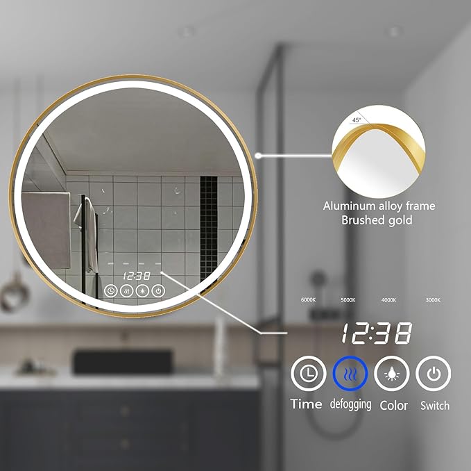 32 Inch Wall-Mounted Round Bathroom Mirror with LED-Lights - Frame Vanity Mirrors with Dimmable (32" x 32", Gold)