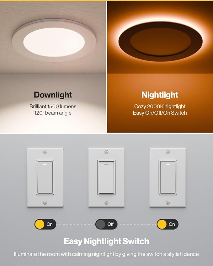 Sunco 6 Inch LED Recessed Light with Night Light, Canless Recessed Lighting, 1500 LM, 15W (150W Equivalent), Selectable CCT 2700K/3000K/4000K/5000K/6000K, Dimmable, with Junction Box 4 Pack.