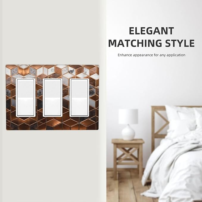 Bvtewkhz Brown Abstract Luxury Modern Geometric Cubic Marble 3 Gang Triple Rocker Decorative Light Switch Covers Electrical Faceplate Switch Plates for Bathroom Kitchen Home