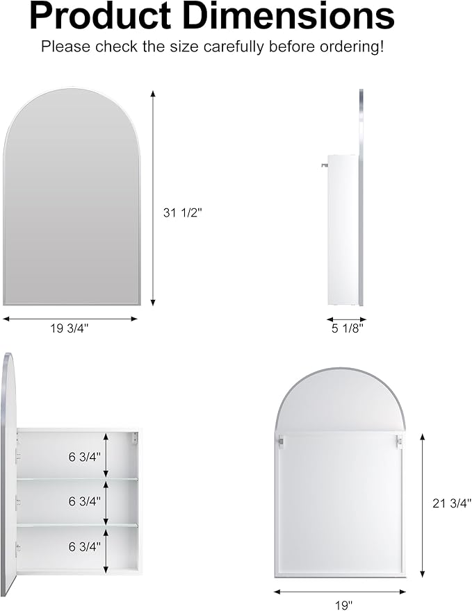Arched Medicine Cabinet with Mirror,Brushed Nickel Mirror Cabinet with Storage,Adjustable Shelves, Wall Mounted Only, Modern Bathroom Storage,20x32 Inch