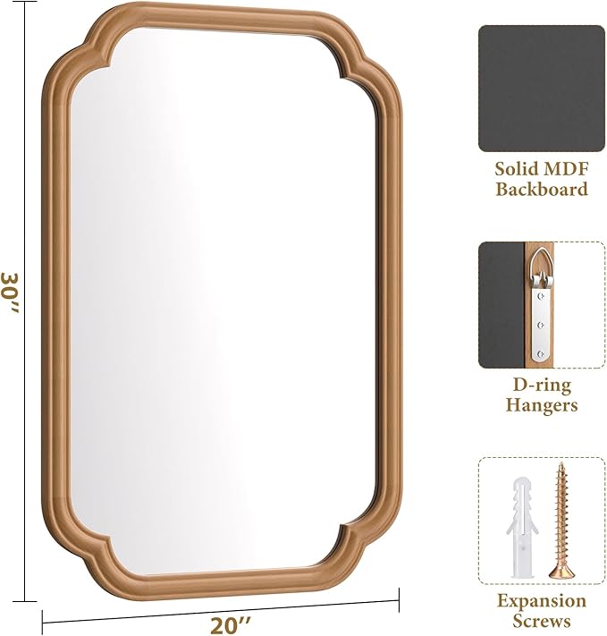 Wood Mirror for Bathroom, 20" x 30" Rectangular Wall Mirror for Bathroom Vanity with Wooden Frame Farmhouse Rounded Corner Wall Mirror Decor (Horizontal/Vertical)