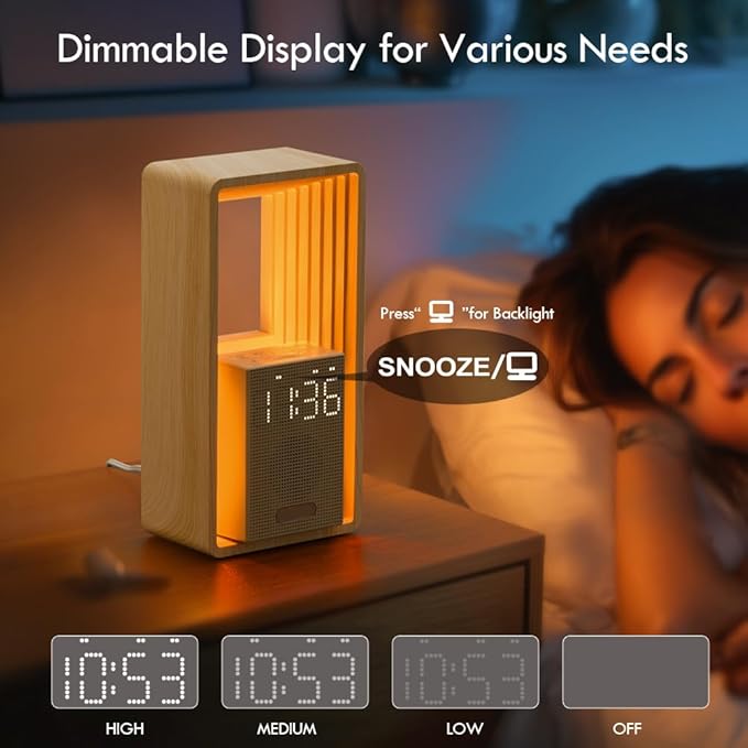 WILIT Digital Alarm Clock, Sunrise Alarm Clock with Nightlight, 9 Sleep Aid Sounds, White Noise Sounds Machine, Dimmable Display,USB Charging Port,Wood Grain Imitation,Gift for Women,Men,Travel