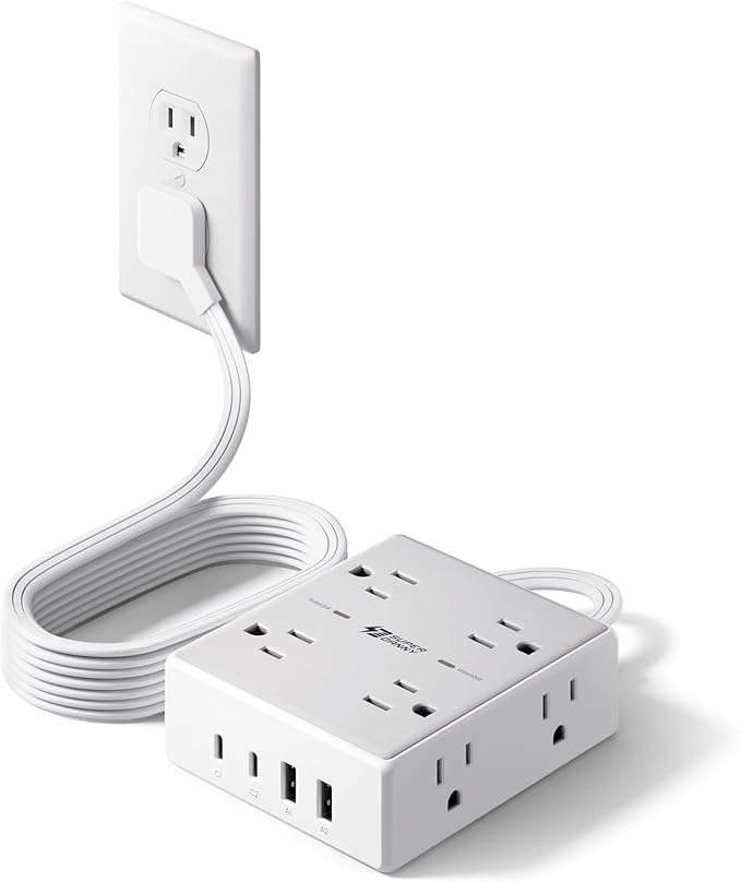 Flat Plug Surge Protector Power Strip, 6ft Ultra Thin Extension Cord with 4 USB (2 USB C Port), 8 Outlets Desk Charging Station, Wall Mountable Outlet Extender for Home Office, College Dorm Room
