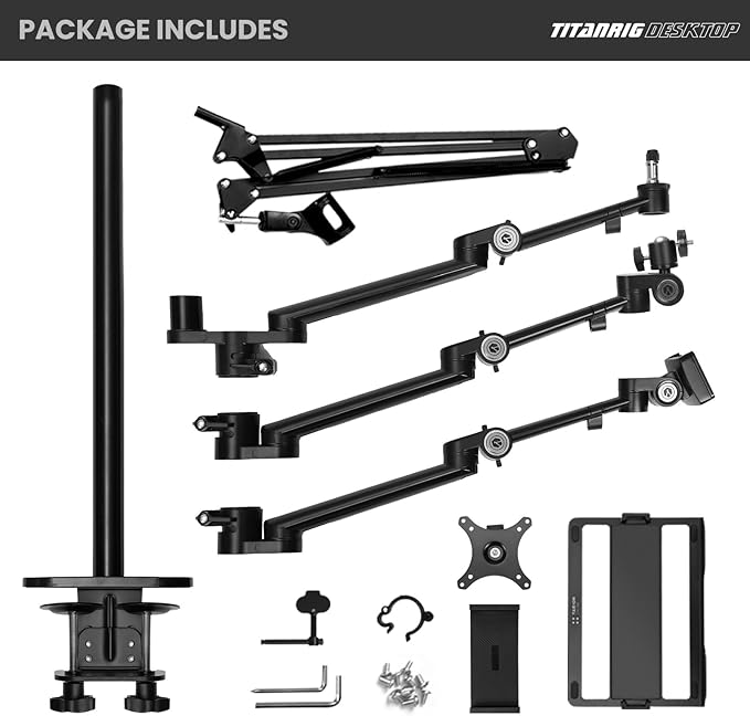 TARION Overhead Camera Desk Mount: 4-in-1 Heavy Duty Mount Set with 1 Mic Boom Stand + 3 Articulating Arms for DSLR Cameras Ring Light Monitor Laptop - Live Stream Stand TitanRig Desk
