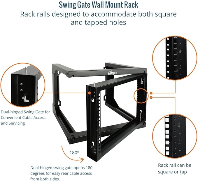 Tecmojo 6U Wall Mount Server Rack, Open Frame Network Rack for 19" Computer/AV/Data/IT/Media Equipment, 18" Depth, 16" Apart Mounting Holes, Swing Gate, Square and Tapped Holes