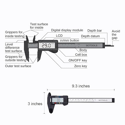 SCITOOLS Digital Caliper 0-6" Measuring Tool, Micrometer Caliper with Auto-Off Feature, Interchangeable Between inches and millimeters for Jewelry Measurement and 3D Printing
