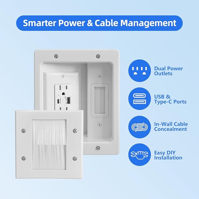 GEVINFA in-Wall TV Cable Management Kit with Power, Dual Outlets, USB-A & USB-C Ports, 9ft/109in Cord, Includes Wall Cutting Tools, Hide TV Wires for Clean Home Theater Setup