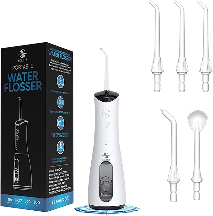 SOLIHY Cordless Water Flosser, Water Dental Flosser, Rechargeable Irrigation Cleaner,4 Modes Portable Water Flosser with 5 Nozzles, Water Flossers for Teeth, Dental Tools (White)