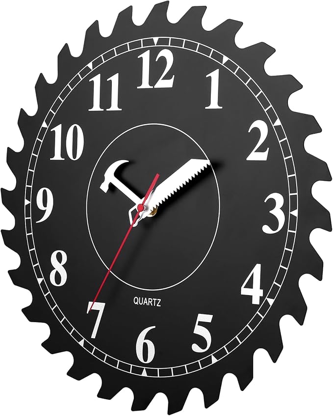 CIGERA 12 Inch Wall Clock with Circular Saw Blade Dial, Handsaw and Hammer Pointer,Great Decor for Home,Workshop and Man Cave (Black)