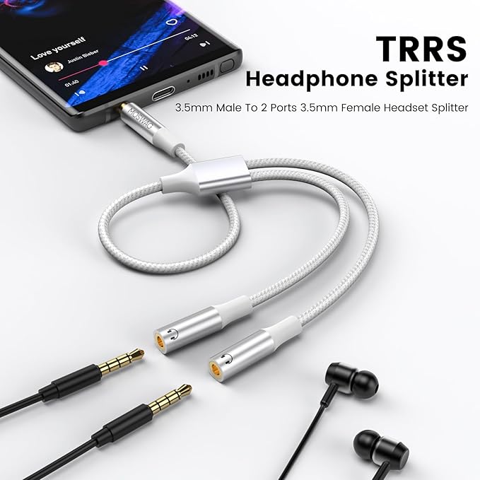 MOSWAG Headphone Splitter, 3.5mm Stereo Audio Splitter, Hi-Fi Sounds Extension Cable Audio Stereo Y Splitters, 3.5 mm Male to 2 Female (TRRS - 4 Pole) for Apple, Samsung, Tablets, Laptop, PC, Etc.