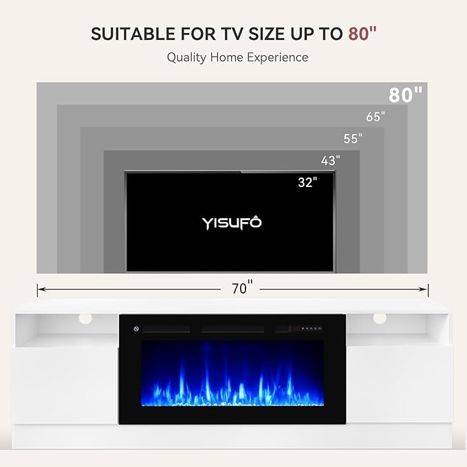 YISUFO 70" TV Stand with 36" Electric Fireplace, Large Modern Media Entertainment Center with Storage Cabinet and 12 Colors LED Lights for TVs Up to 80",White and Black