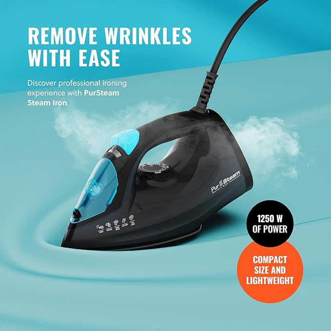 PurSteam Professional 1250W Steam Iron | Powerful Steamer with Burst of Steam & Spray | Non-Stick Soleplate, Easy Temperature Control & Auto Shut-Off