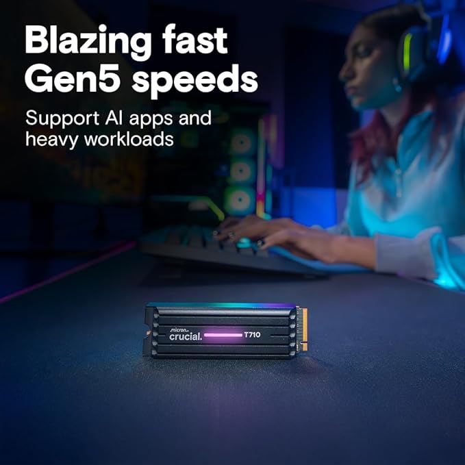 Crucial T710 PCIe Gen5 NVMe 2TB SSD – Heatsink, Up to 14,900 MB/s, Laptop & Desktop Compatible (PC), for Creatives and Hardcore Gamers, Solid State Drive, Includes 1Mo Adobe CC – CT2000T710SSD5-01